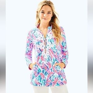 Lilly Pulitzer UPF 50+ Skipper Tunic Popover Cosmic Coral Cracked Up Size Small